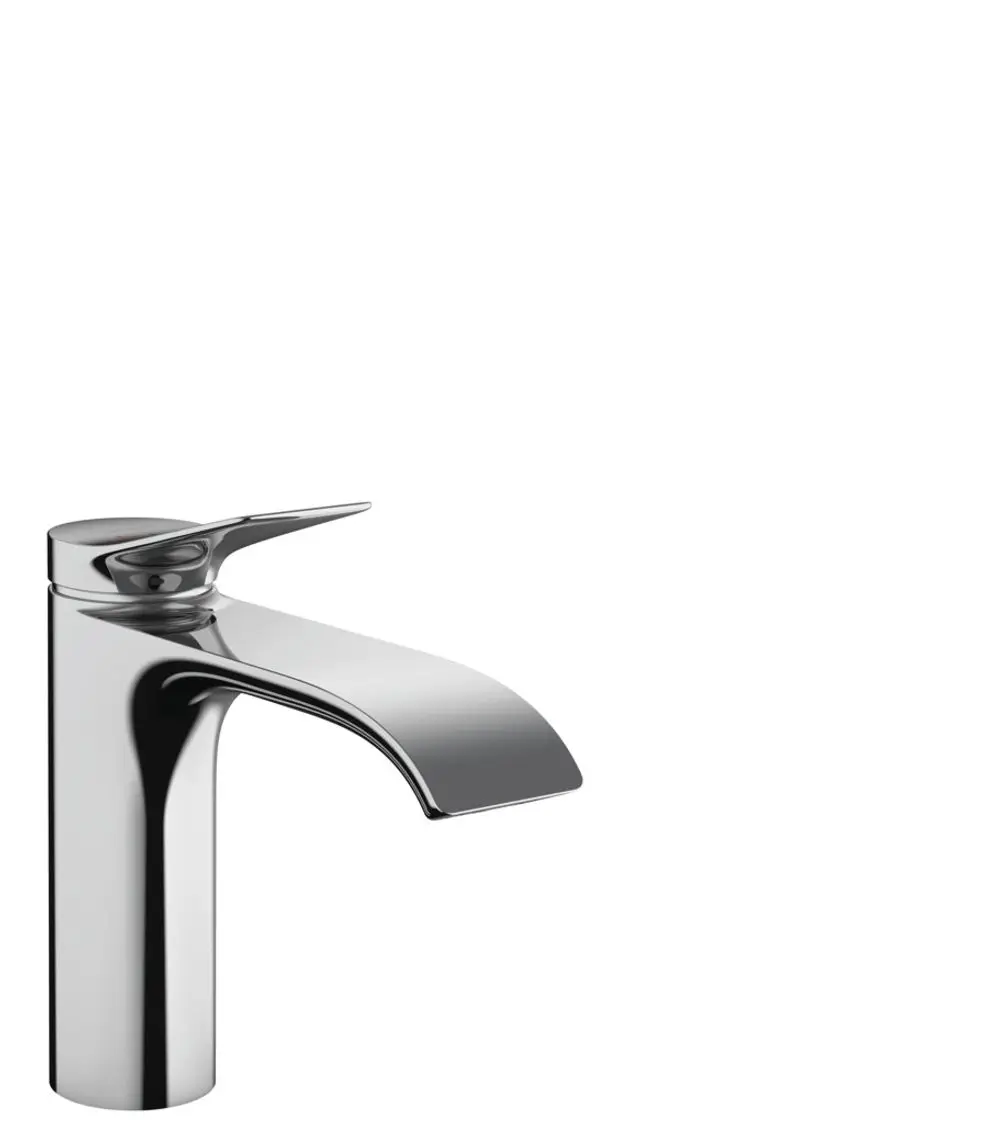 Einhebel-Waschtischmischer aus Chrom mit flacher Wasserfall-Auslaufform und integriertem Zugstangen-Ablaufsystem, von der Marke Hansgrohe.